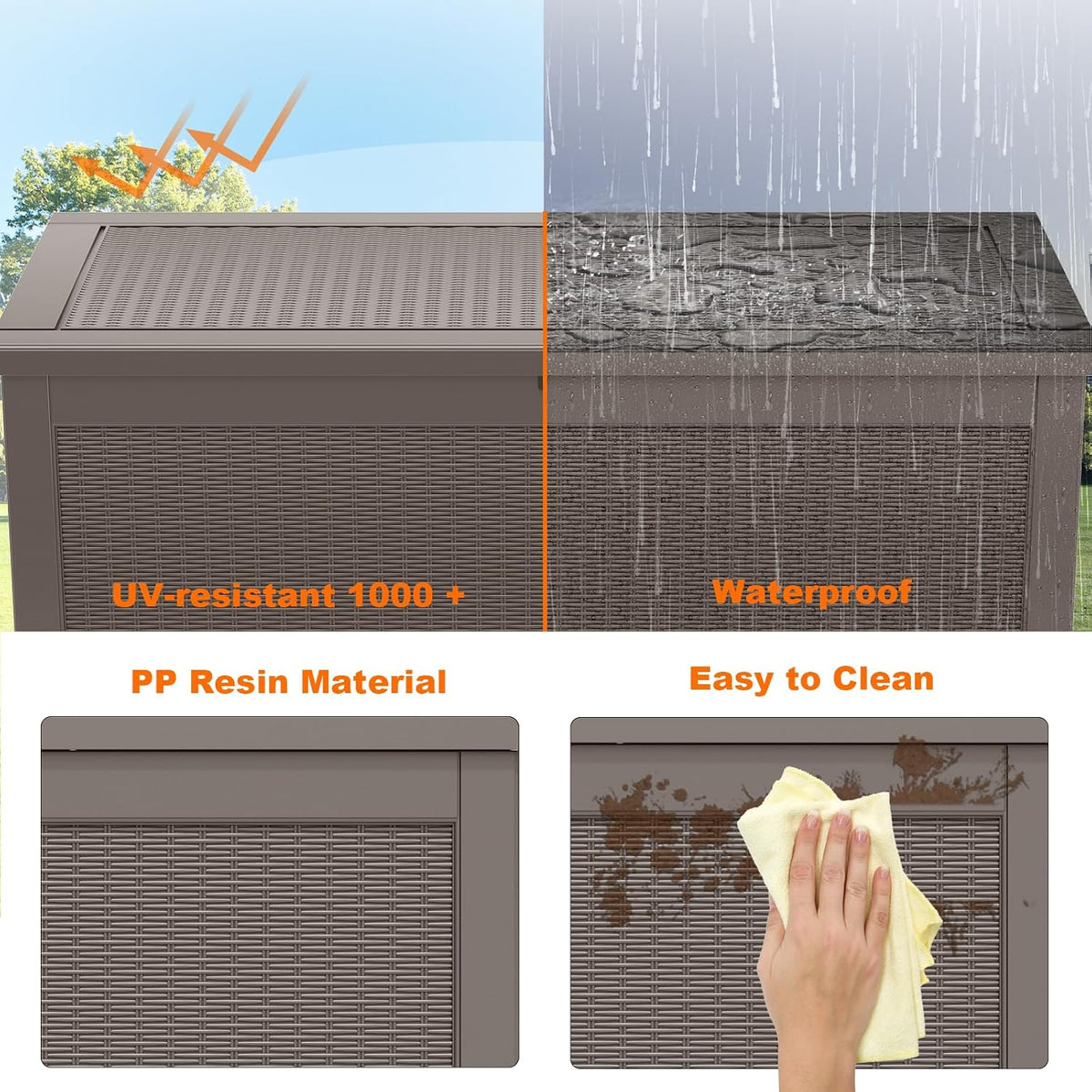 320 gallon outdoor storage box waterproof, resin lockable showing dimensions
