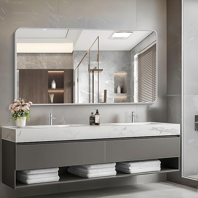 55x30 Inch Silver Bathroom Mirror, Large Rectangular Vanity Mirror, Metal