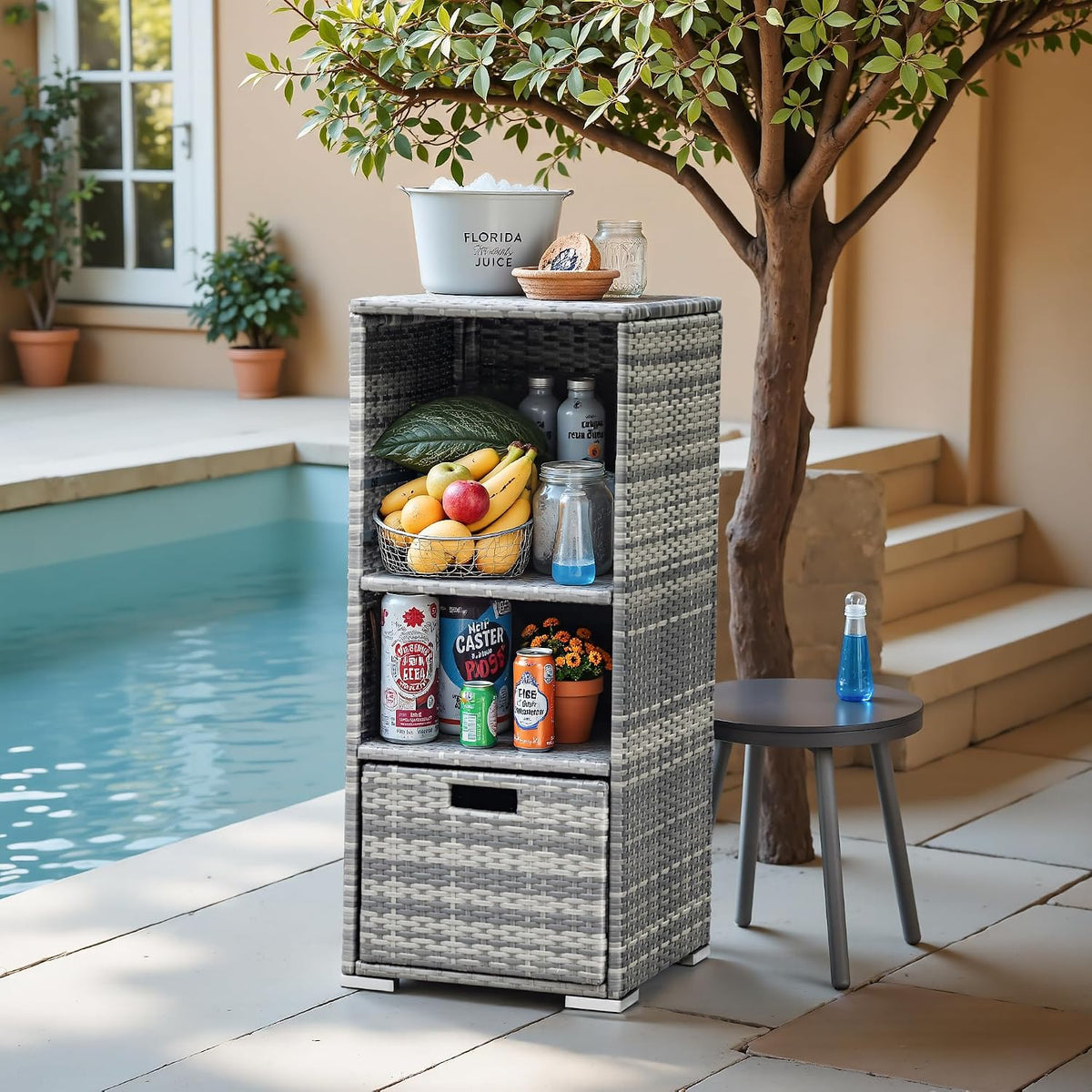 devoko outdoor pool towel rack patio wicker storage shown in use
