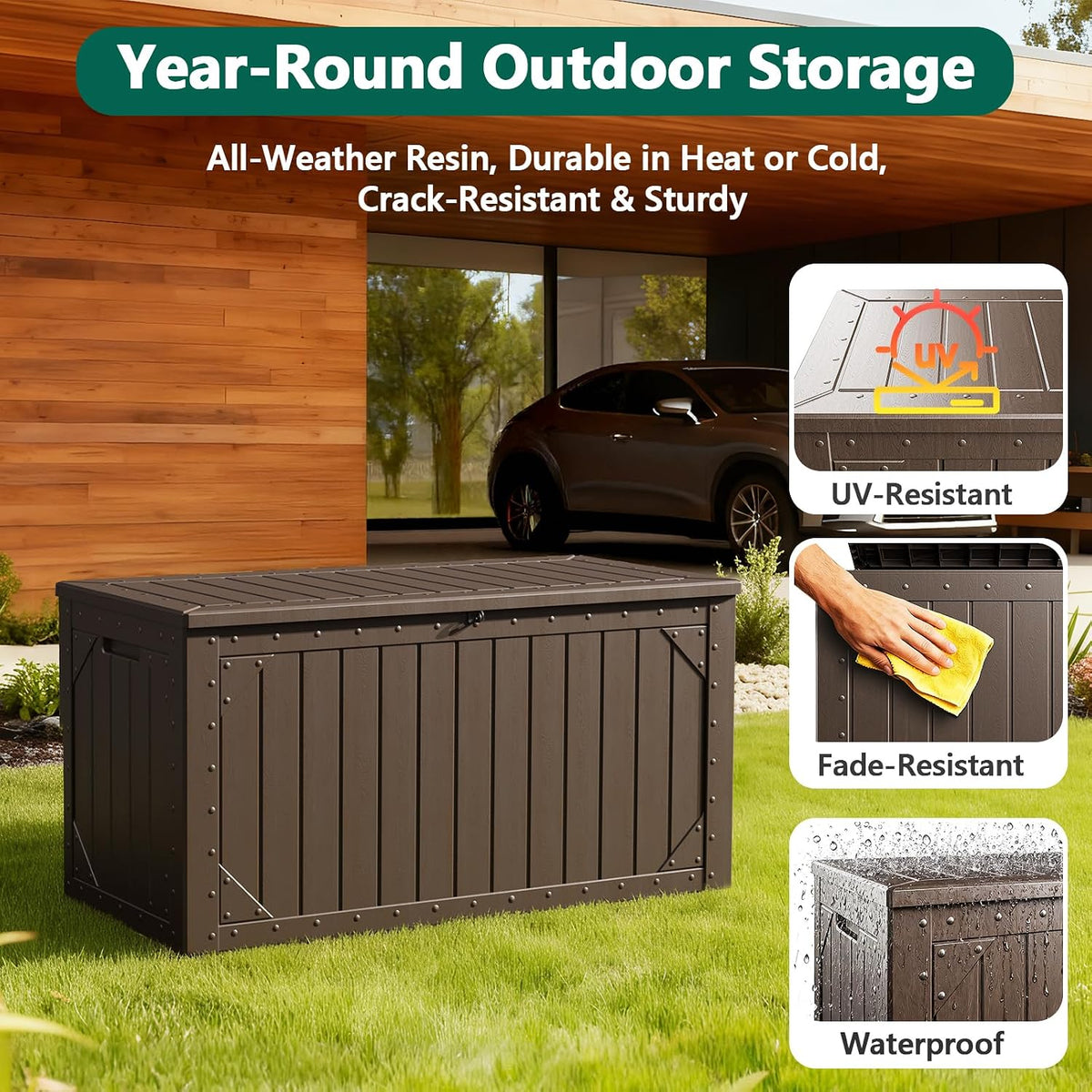 outdoor storage box, 98 gallon deck box, outdoor, close-up detail