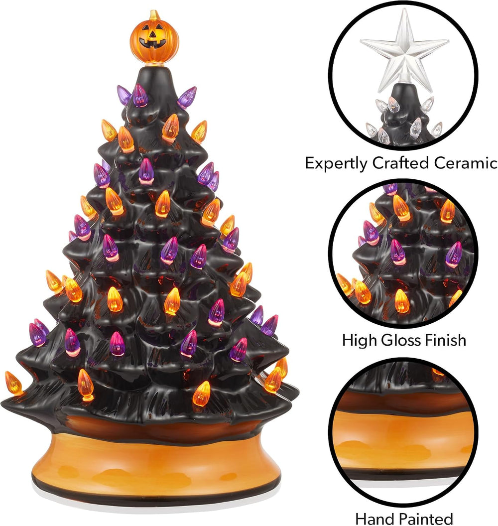 Casafield Hand-Painted Ceramic Halloween Tree, 15-Inch Pre-Lit Decoration wit...