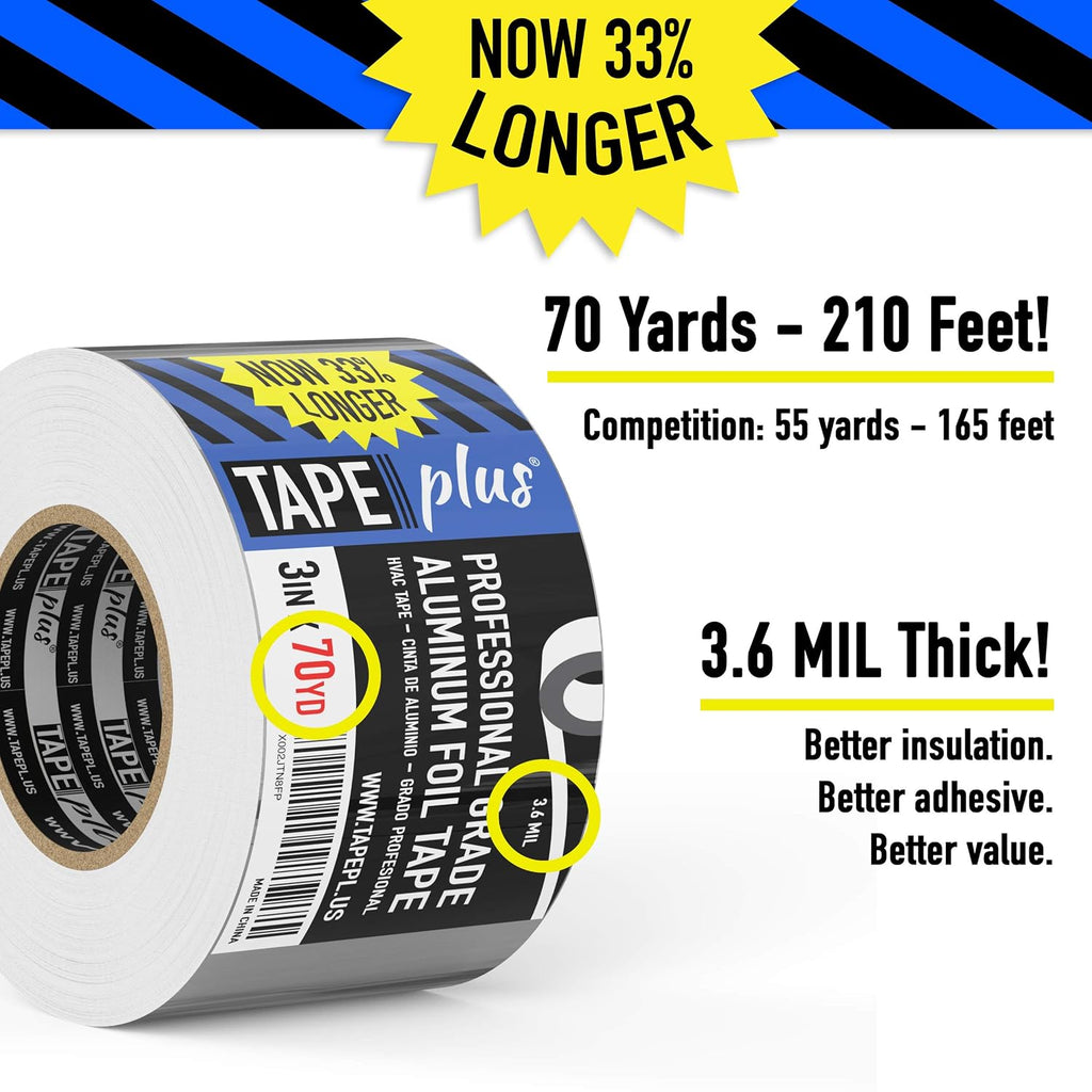 TapePlus Aluminum Foil Tape - Heat-Resistant HVAC Tape - Waterproof Weather Barrier - High-Temp Thermal Seal - 3 in x 210 ft, Silver (Pack of 2)