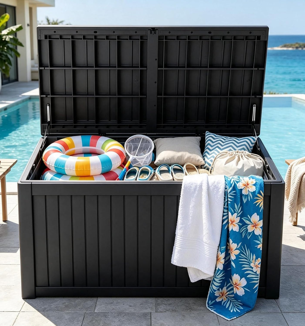 199 Gallon Large Resin Outdoor Storage Box, Waterproof Deck Box with Lockable Lid, Outside Storage Box for Patio Furniture, Pool Accessories, Garden Tools, Storage Bench for Backyard, Porch, Black
