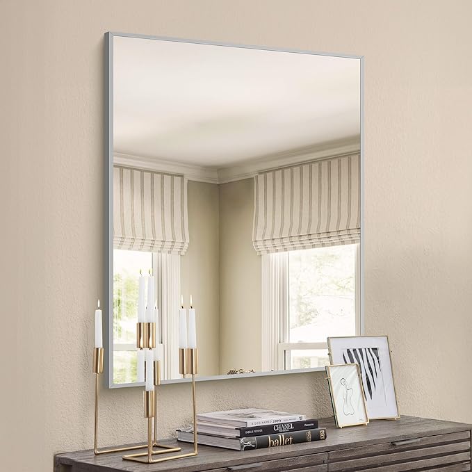 30x40In Silver Bathroom Mirror for Wall, Brushed Nickel Rectangle Mirrors