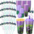 Yungyan 36 Sets Green Purple Monster Truck Party Favors Goodie Cups with Lids and Straws for Halloween Party Decorations Reusable 16oz Plastic Candy Cups Plastic Straws for Birthday Gift(Truck)