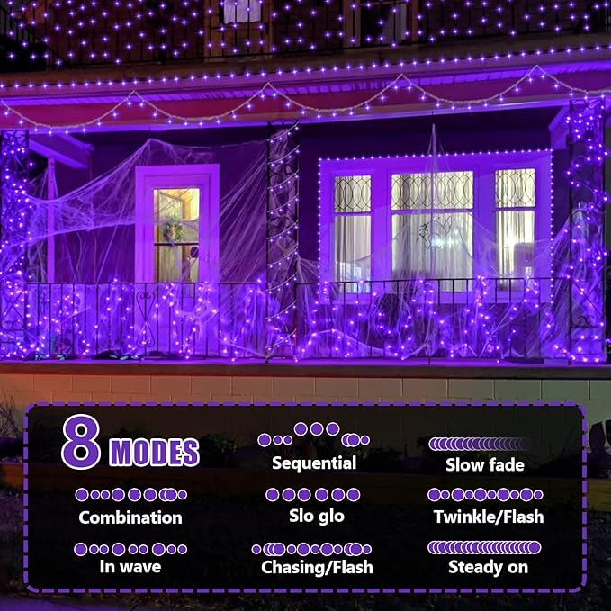 YEGUO 165ft 500 LED Halloween Lights Outdoor Waterproof, Purple String Lights Indoor Plug in, 8 Modes Clear Wire Purple Lights for Halloween Holiday Home Tree Garden Patio Decor