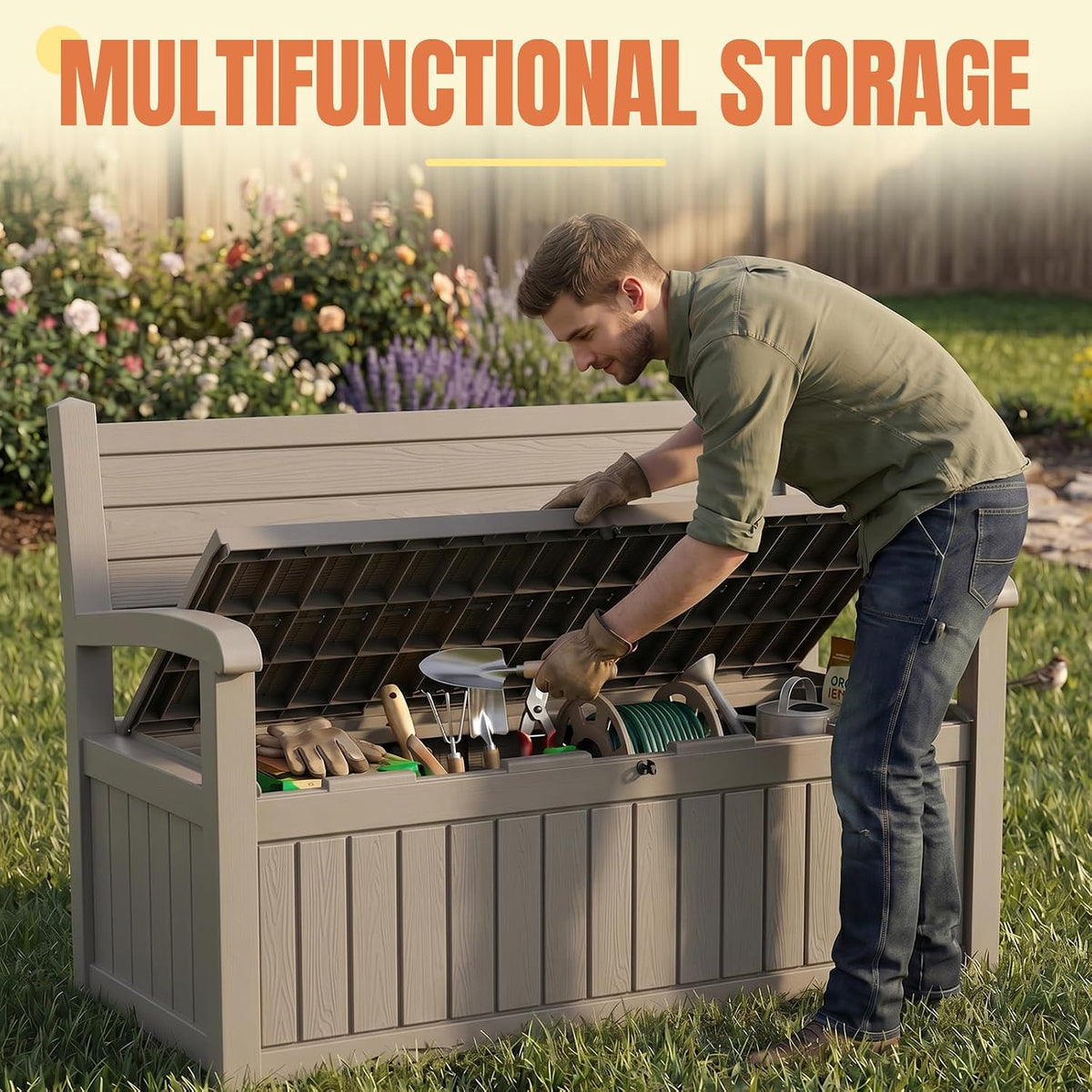 storage bench outdoor deck box, 120 gallon lockable, package contents