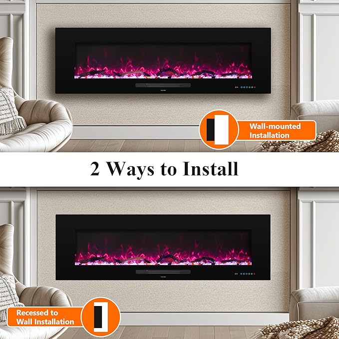 36" Electric Fireplace Inserts, Recessed & Wall Mounted Fireplace Heater