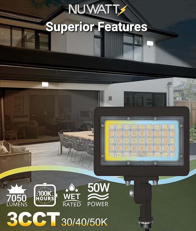 NUWATT 50W LED Flood Light, 3CCT 3000K/4000K/5000K Selectable, IP65 Waterproof