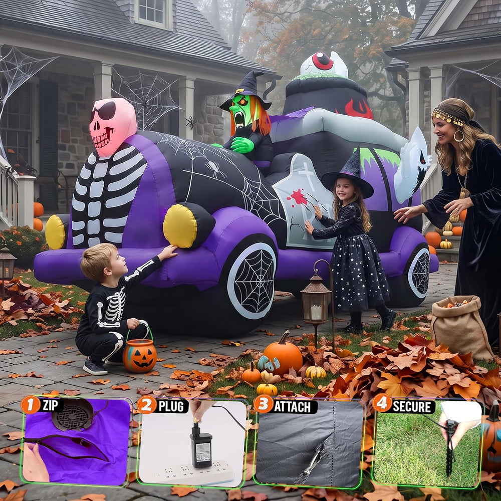 8FT Halloween Inflatables Witch Hearse with Ghost Skeletons Outdoor Decor