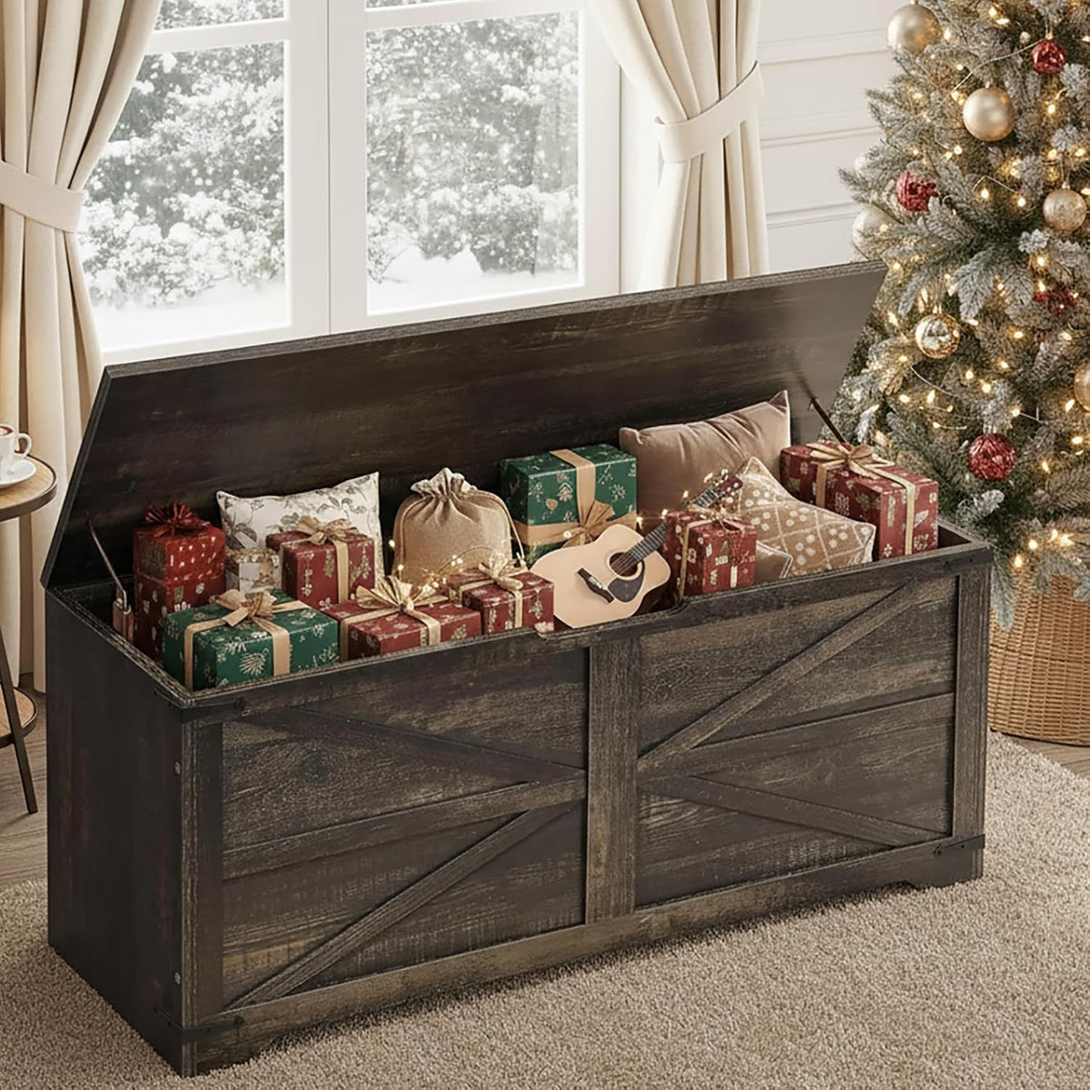 DWVO 47.2" Farmhouse Storage Bench with Safety Hinges, Dark Rustic Oak