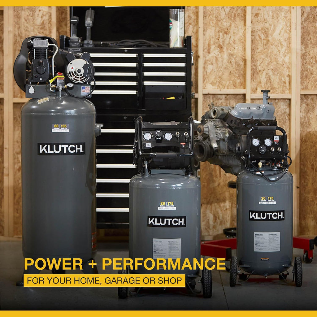 Klutch 29-Gallon Air Compressor, 2.5 HP, 120V, 175 PSI, 5.1 CFM at 90 PSI