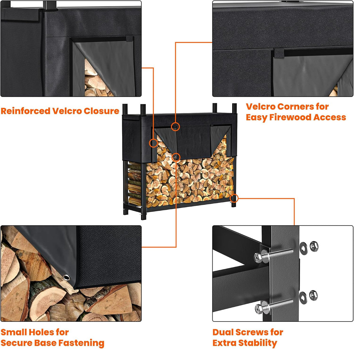 ultrawall 4ft heavy duty firewood rack with waterproof, side view