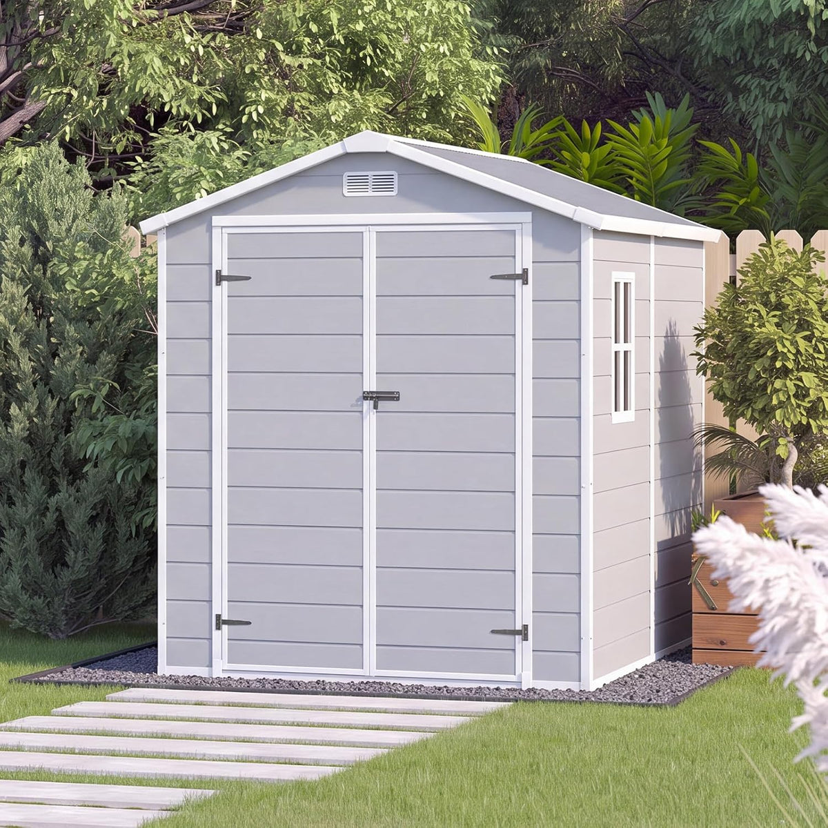Aoxun 6x8 FT Outdoor Storage Shed, Outdoor Resin Shed with Floor, Gray