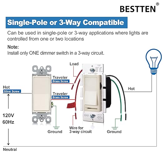 BESTTEN 6 Pack Dimmer Wall Light Switch, Compatible