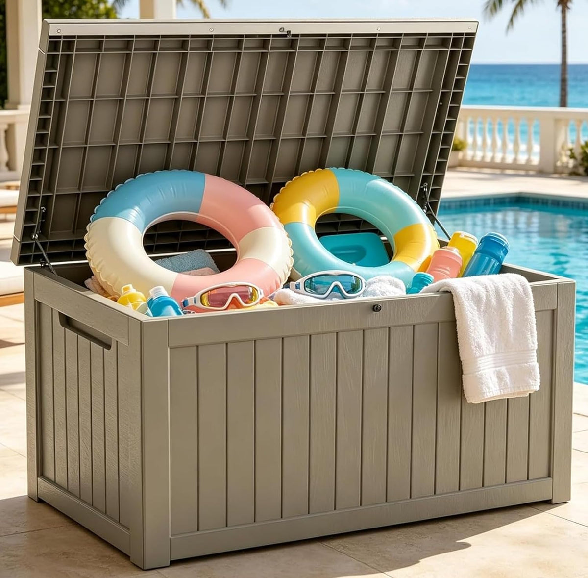 MAKINO 275 Gallon Resin Outdoor Storage Box, Waterproof Deck Box with Lockable Lid, Outside Storage Box for Patio Furniture, Pool Accessories, Garden Tools, Storage Bench for Backyard, Gray Brown