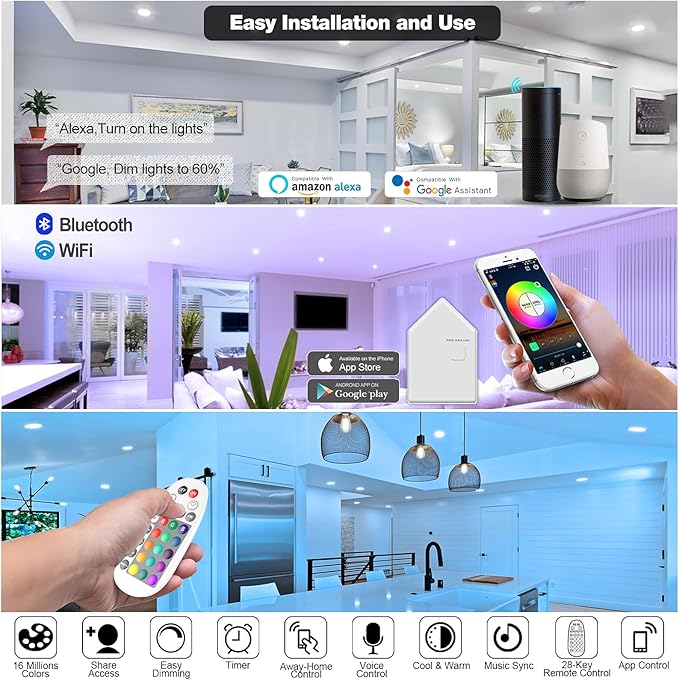 VANANCE Smart Can Light 6 Inch, 2700K-6500K CCT Selectable, RGB Remote LED (4 Pack)