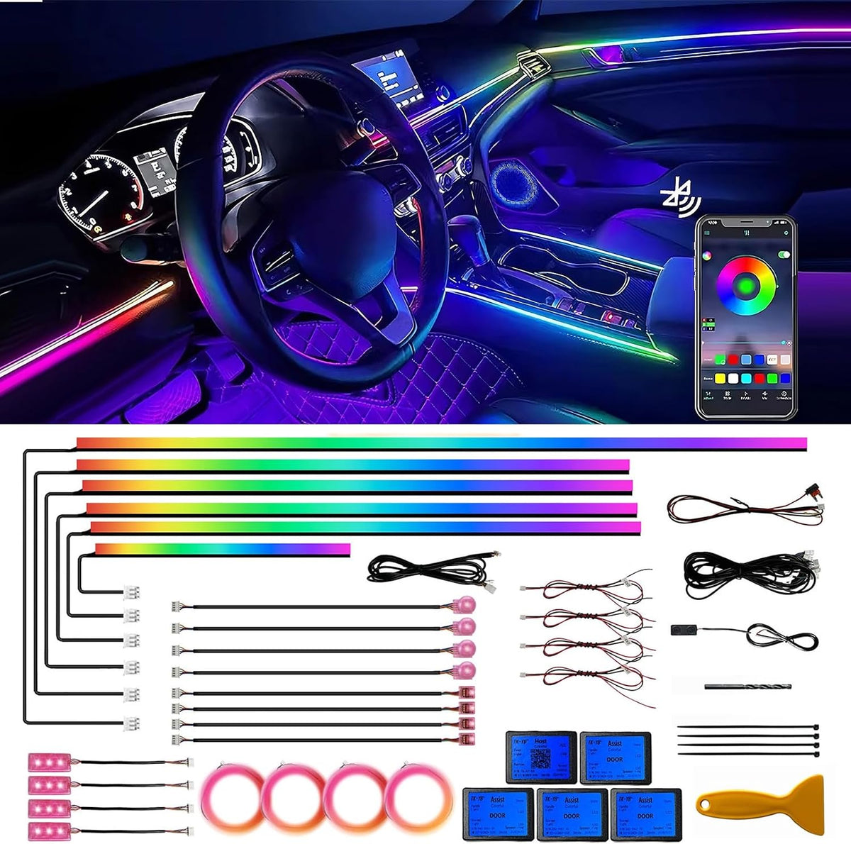 Acrylic Interior Car LED Strip Lights, Colorful 22-in-1 Car Ambient Lighting Kit