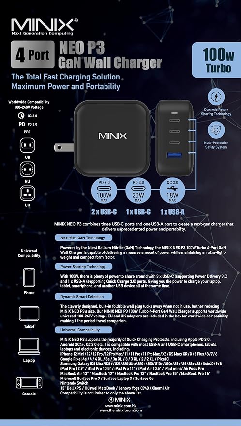 MINIX NEO P3 100W Turbo 4-Port GaN Wall Charger, 3 x USB C port Fast Charging