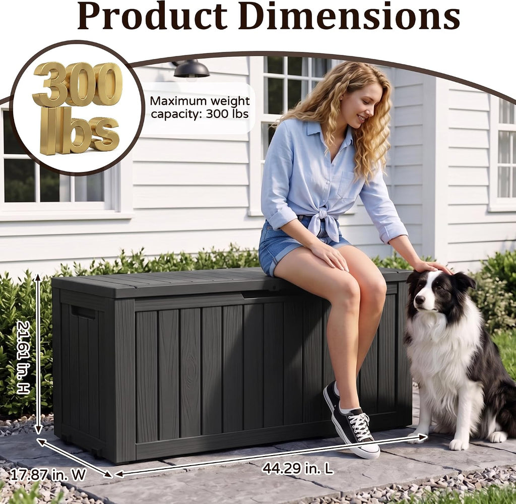 120gal outdoor storage box,weatherproof deck box with wheels,black showing dimensions