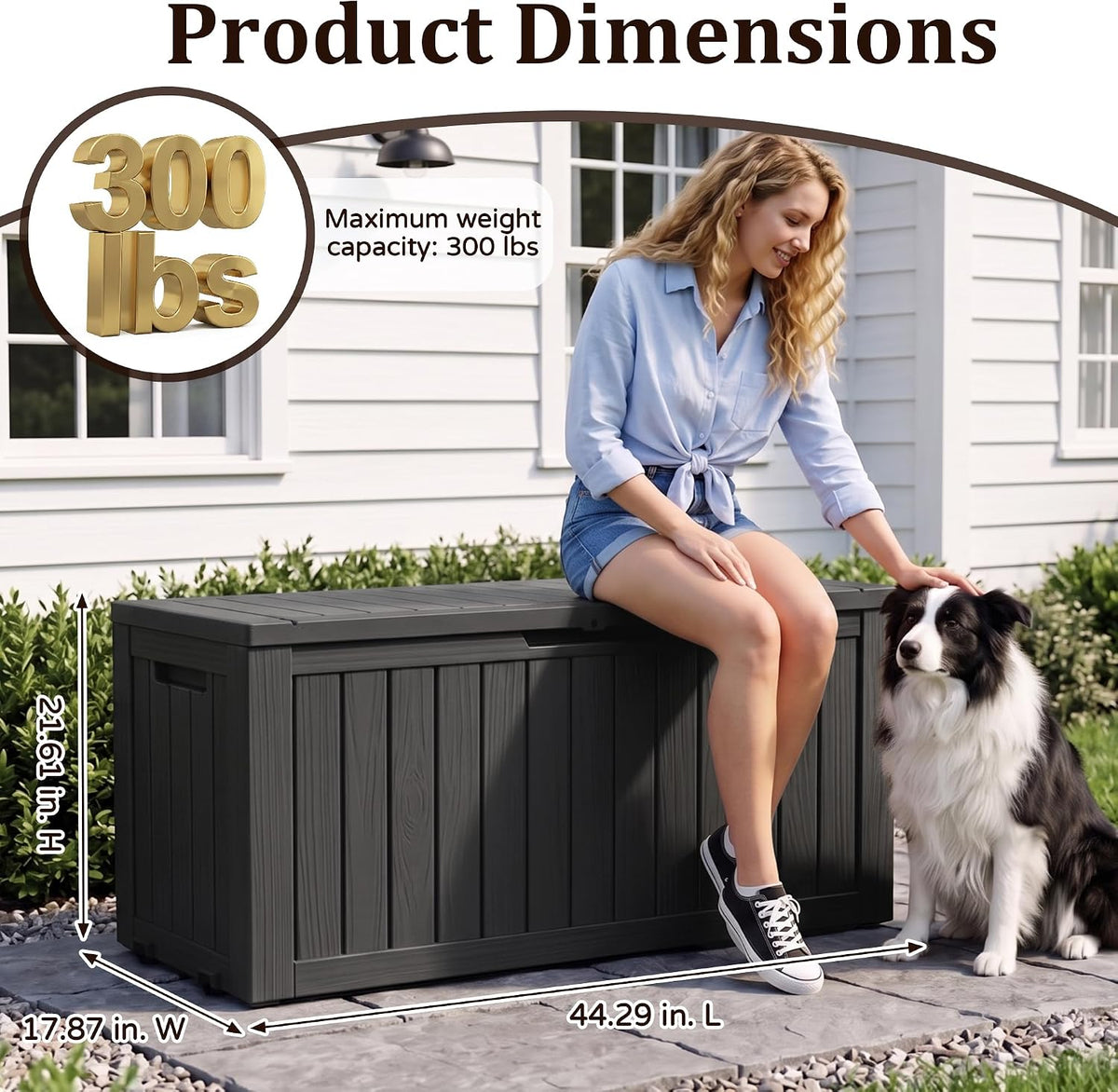 120gal outdoor storage box,weatherproof deck box with wheels,black showing dimensions