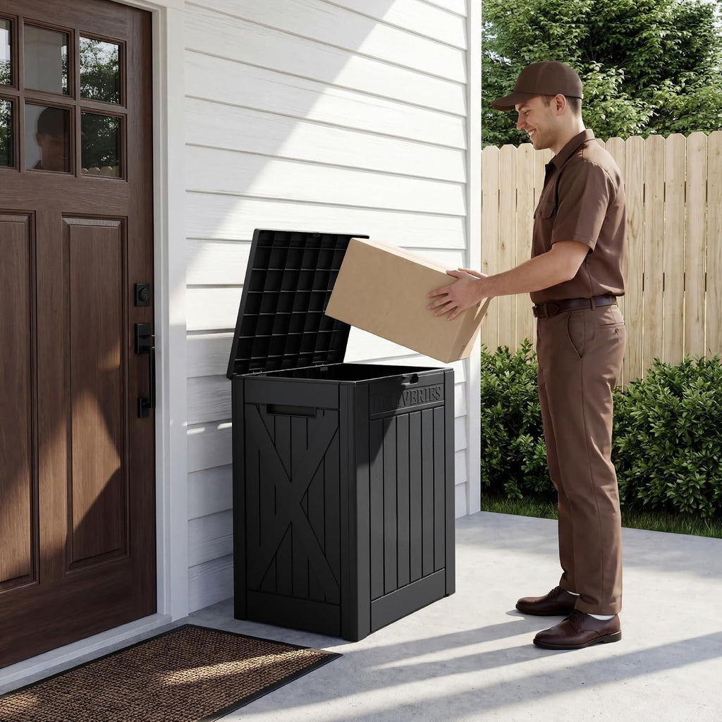 greesum 52 gallon extra large deck box with on a desk or shelf