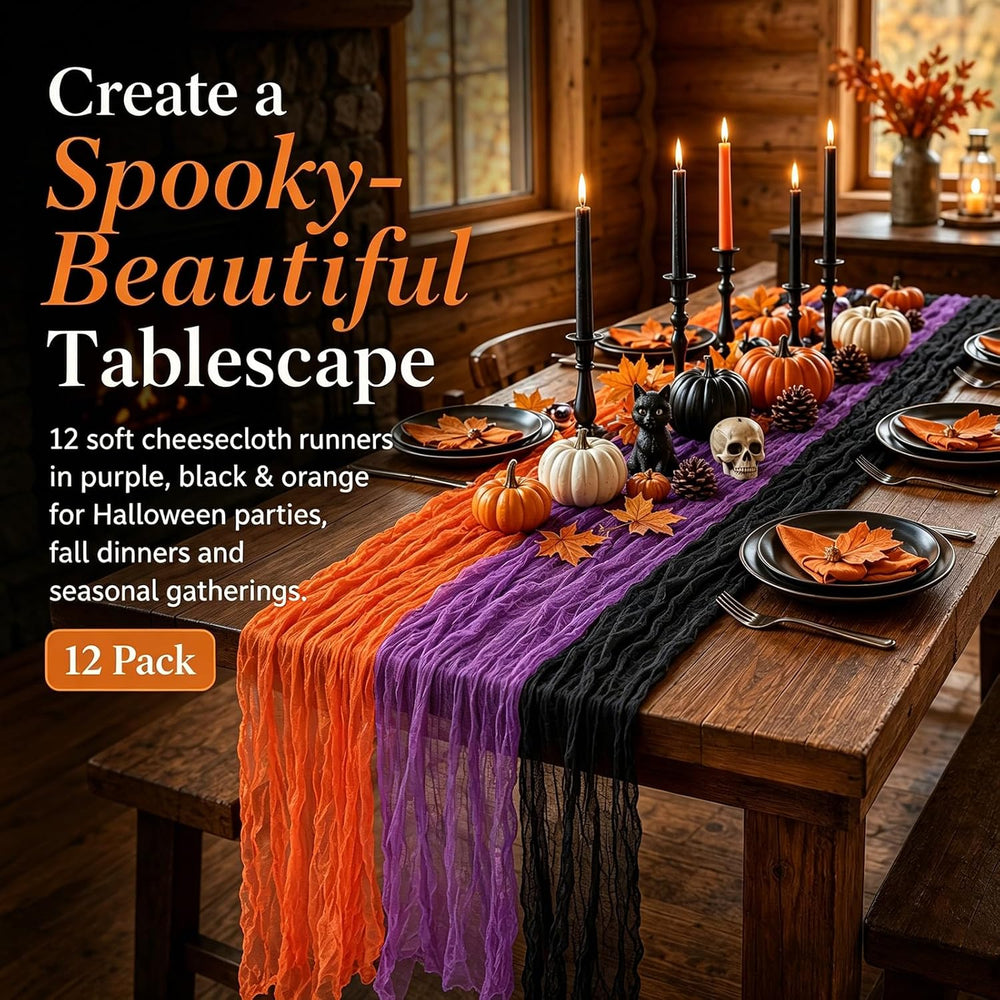 12 Pack Halloween Cheesecloth Gauze Table Runner Black & Orange Table Run...