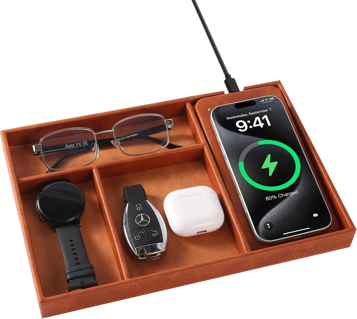 Valet Tray, Built in Wireless Charging Pad, Nightstand Organizer, Two-Toned