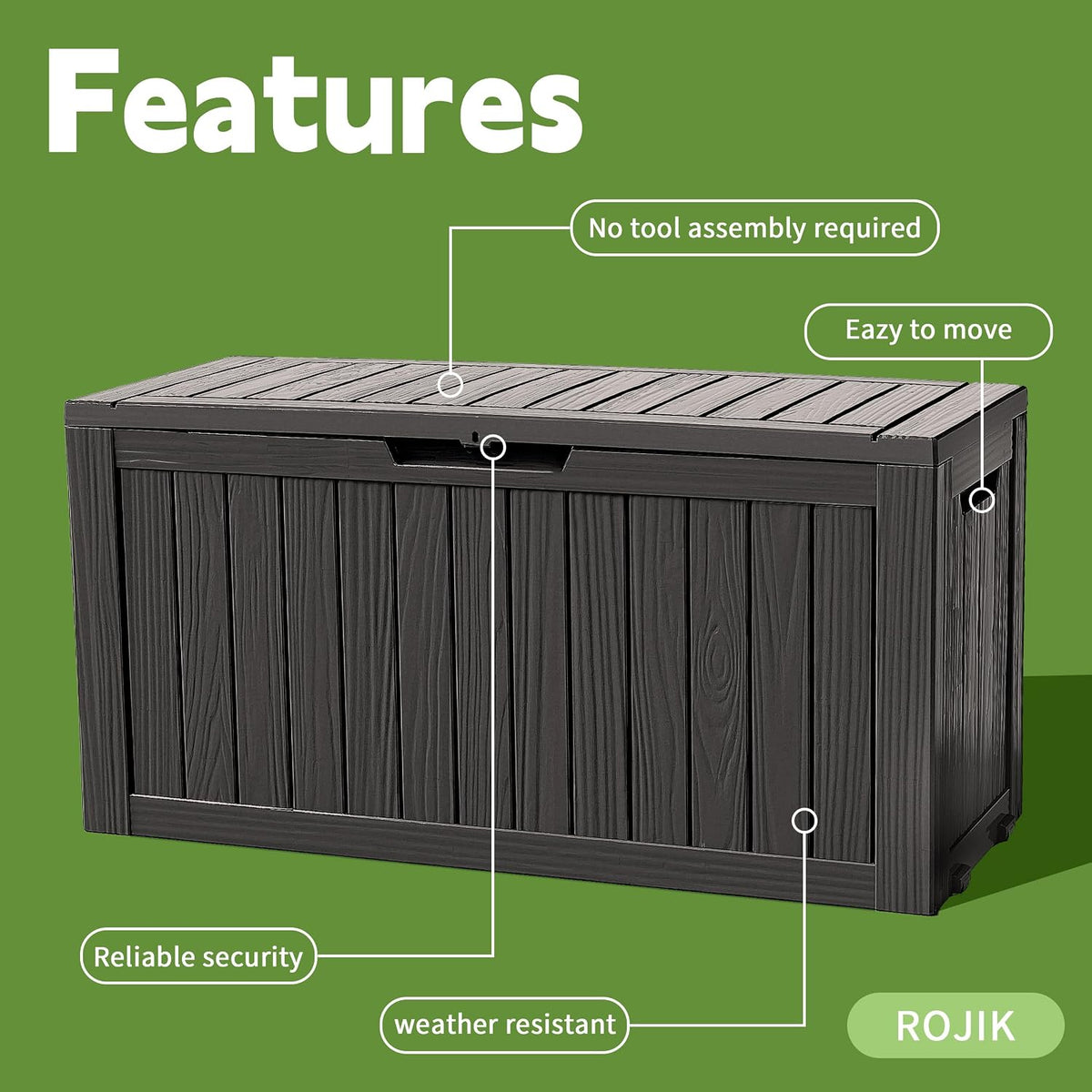 rojik outdoor storage housing deck box - waterproof, close-up detail