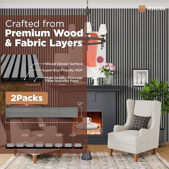Avana Acoustic Wood Wall Panels – 94.4 x 12.6 Inch Gray Oak Acoustic Panels 2 (2 PCs)