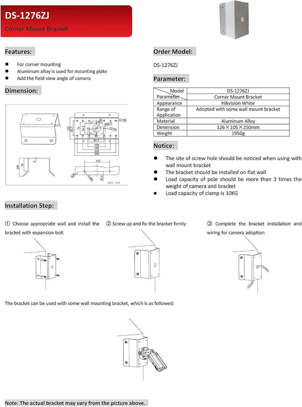kenuco cm ds-1276zj universal corner bracket most hik-compatible, package contents