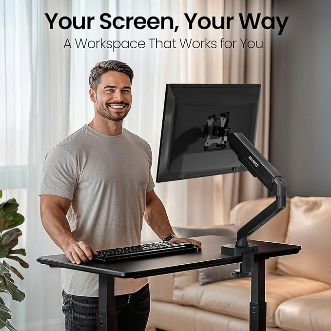 EVEO Premium Single Monitor Arm 14"–34", Adjustable Gas Spring Monitor Mount