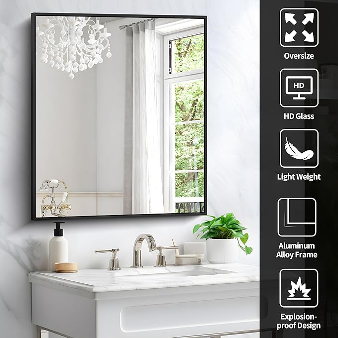 Black Bathroom Mirror for Wall, 30x36 Inch Rectangle