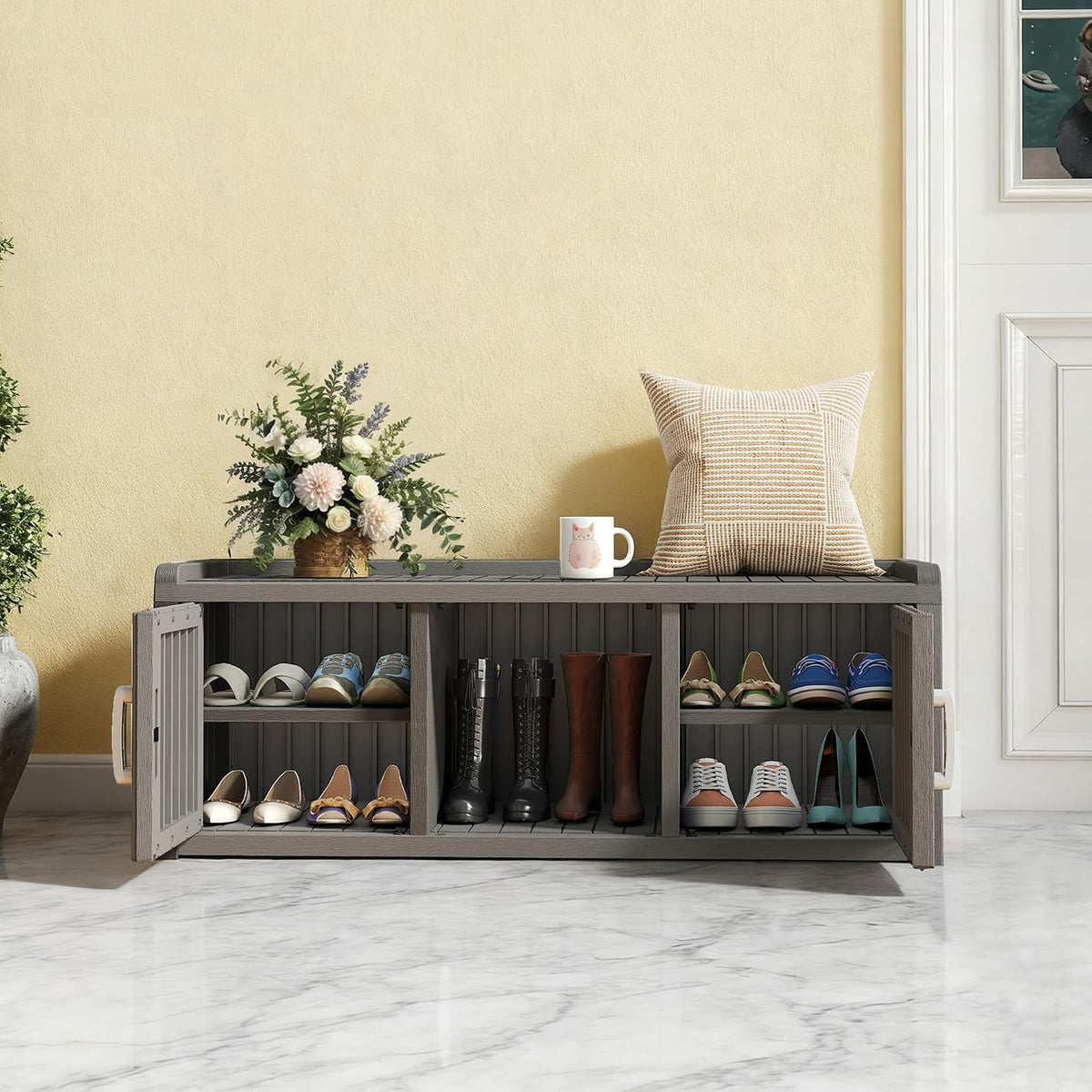 outdoor shoe bench with waterproof uv-resistant indoor resin shown in use