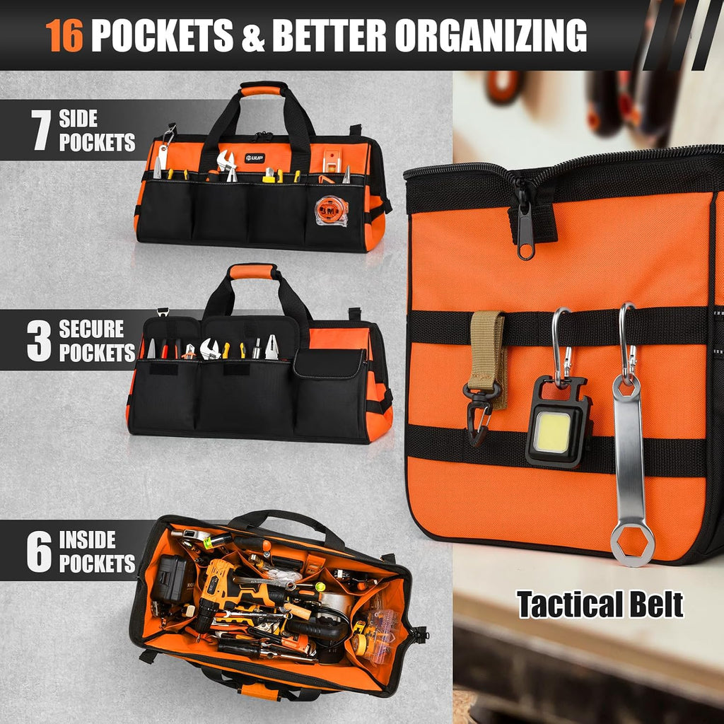 UUP Tool Bag ExtraLarge 20", Heavy Duty Spacious Tool Box Organizer, Orange | 16 Pockets & MOLLE. Detachable Strap & Handle. Non-slip Base, Metal Buckle. 30lb Holds Tools on Truck, Garage, Men Gift.