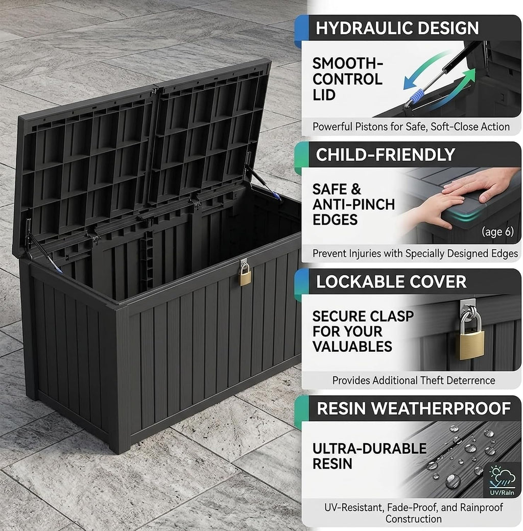320 gallon extra-large outdoor storage box, waterproof lockable showing dimensions