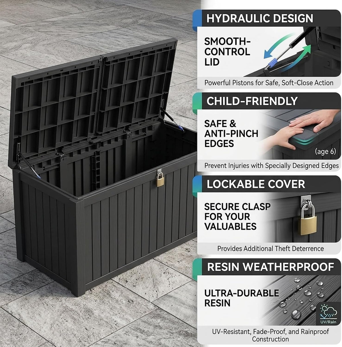 320 gallon extra-large outdoor storage box, waterproof lockable showing dimensions