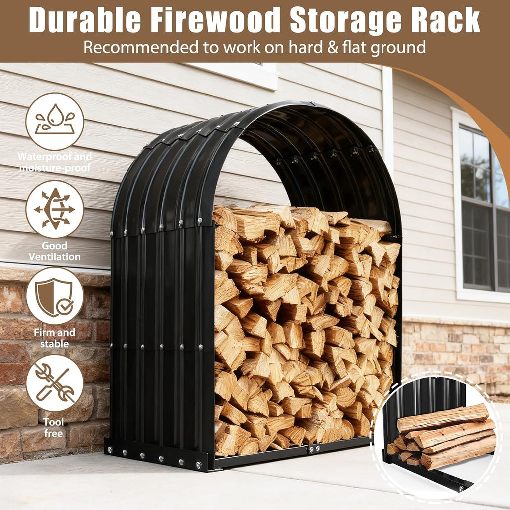 tbmlc heavy-duty black firewood storage shed with round showing dimensions