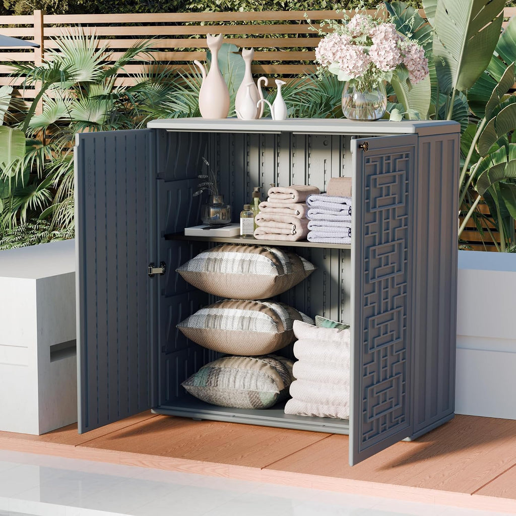 mrosaa indoor outdoor storage cabinet waterproof with shelf,plastic shown in use