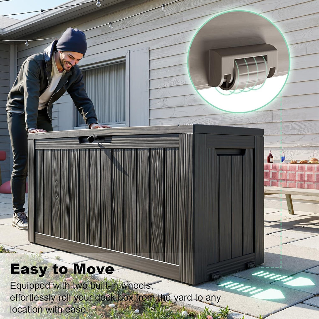 vixzen 90 gallon deck boxes outdoor waterproof, lockable shown in use