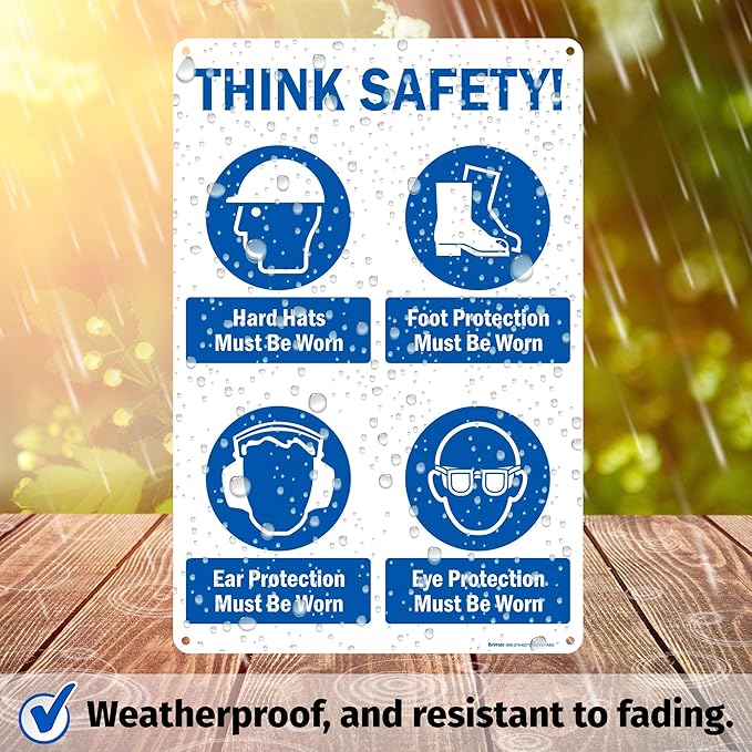 Brimar - 12" x 18" - Think Safety PPE Must Be Worn Sign - .063″ White Rust-Free
