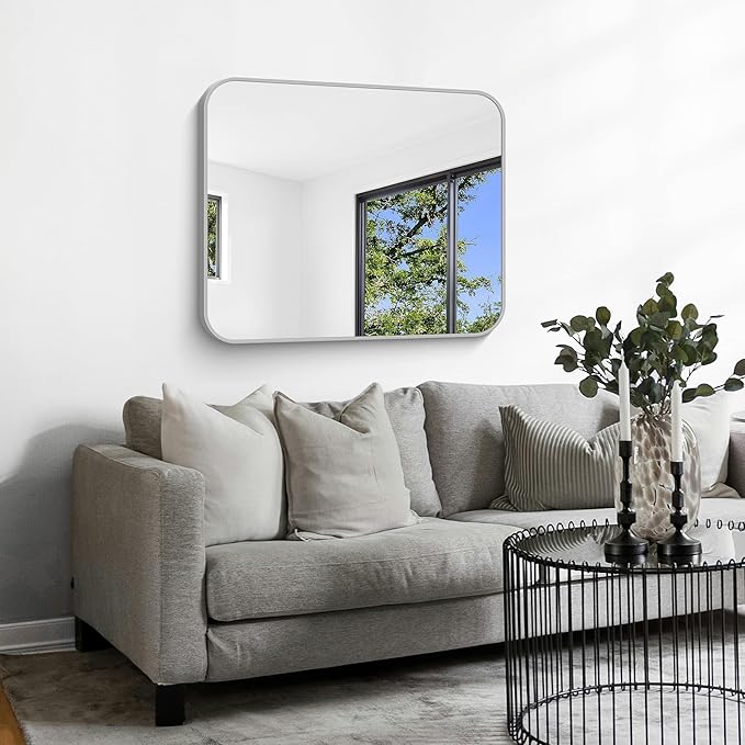 Silver Bathroom Mirror, 30 x 36 Inch Metal Framed Silver Rectangle Mirror