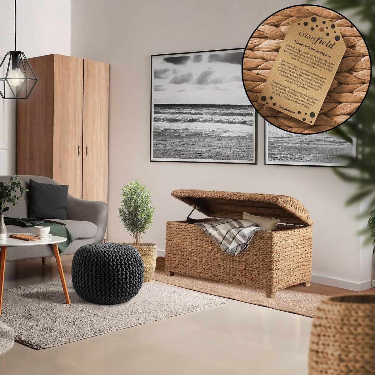 Casafield 36" Storage Trunk with Curved Lid and Safety Hinge - Cinnamon, Water Hyacinth Wicker Storage Chest for Bedroom, Entry Way, Living Room