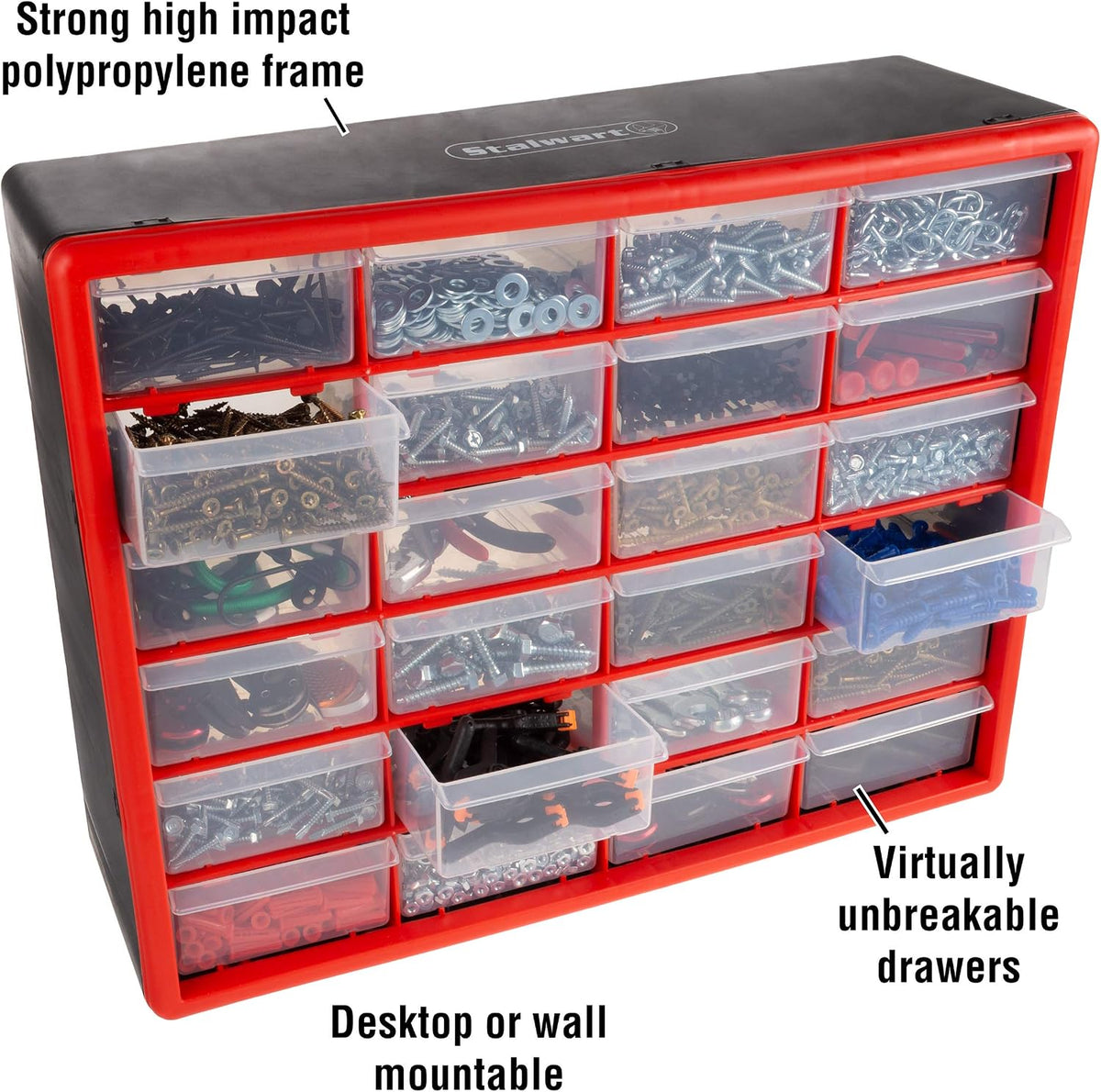 stalwart plastic 24 drawer organizer compartment parts storage, side view