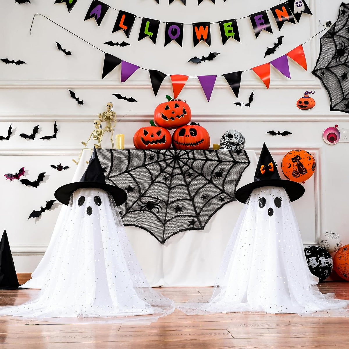 AYGXU 2pcs Halloween Decorations Indoor,Ghost Decor with String Lights Remote Control,Halloween Party Decorations,Spooky Ghost Light for Home Table Room Kitchen Office