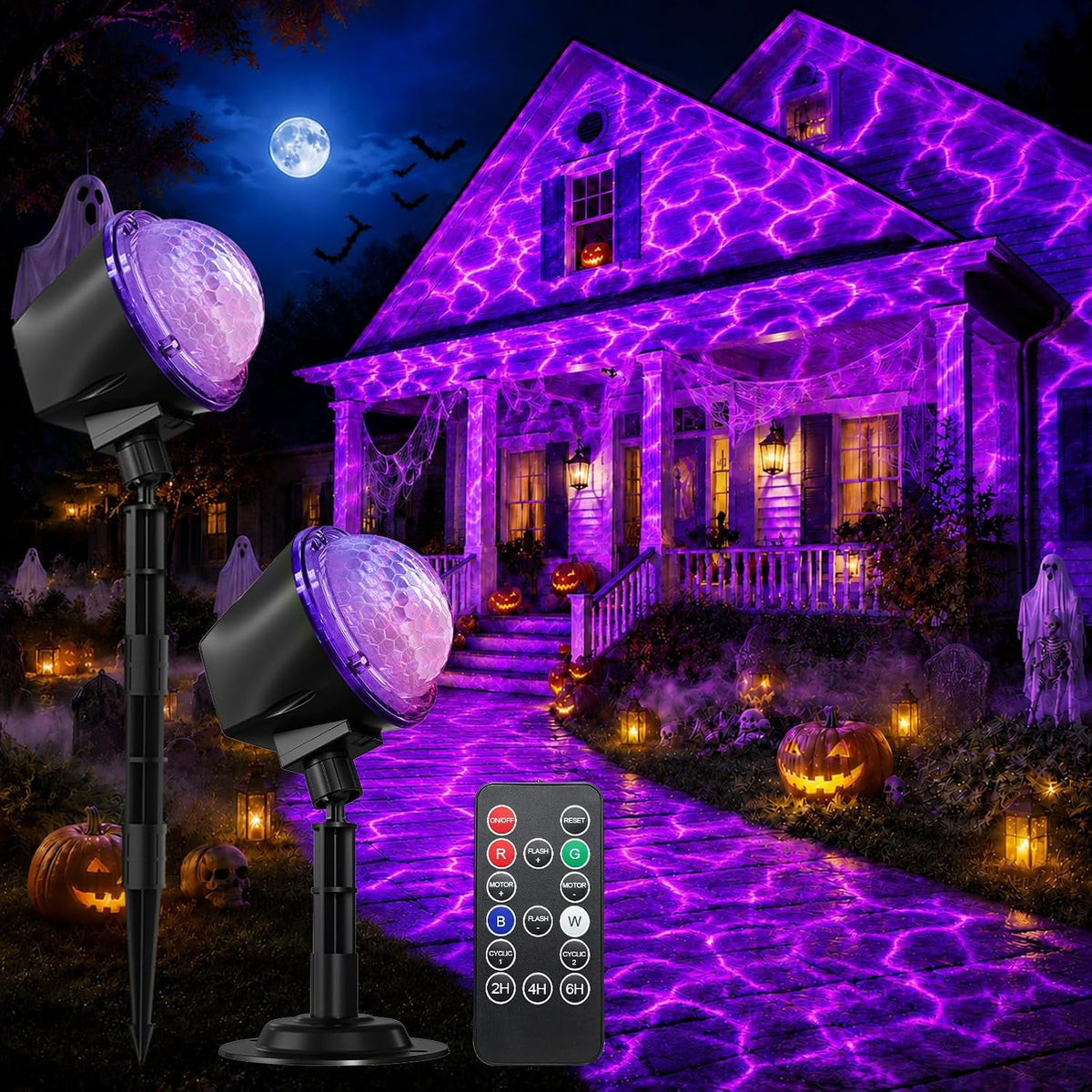 (2 Pack) Halloween Projector Lights Outdoor, Dynamic RGBW 15 Colors Ocean Wave Projector Light with Remote & Timer, IP65 Waterproof Outdoor Projector for Halloween Christmas Party Yard Decorations
