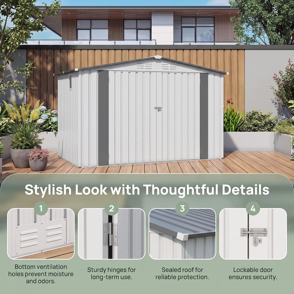 8x6 ft outdoor storage shed, metal garden shed, close-up detail