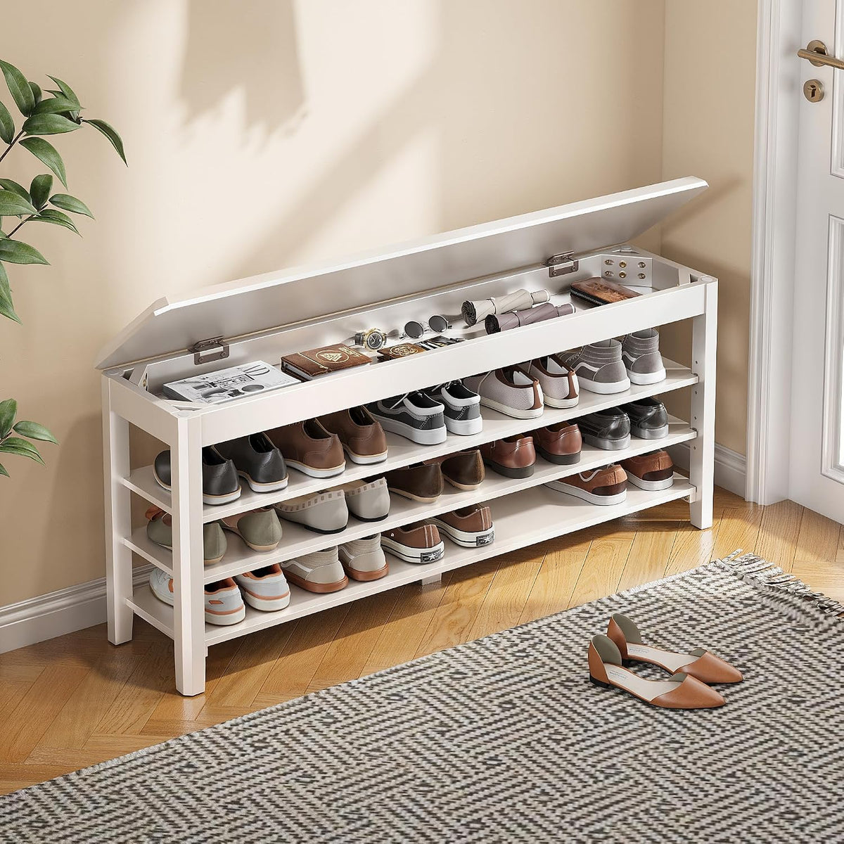 IUNVR Shoe Rack Bench Seat Rubberwood 3-Tier Wooden Storage Bench 550lbs Compact Mid-Century Modern Design for Entryway, Hallway, Closet, Front Door Entrance, Foyer