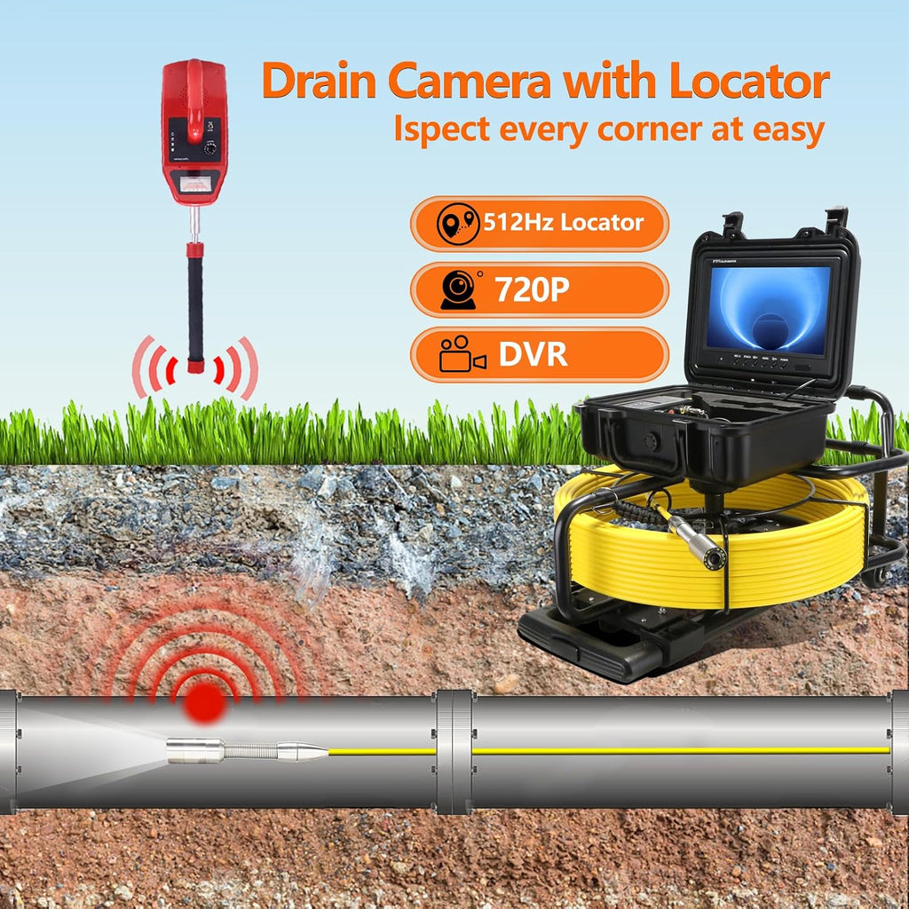 sewer camera with locator,self leveling,165ft/50m,retractable handle,7mm cable,9'' ips shown in use