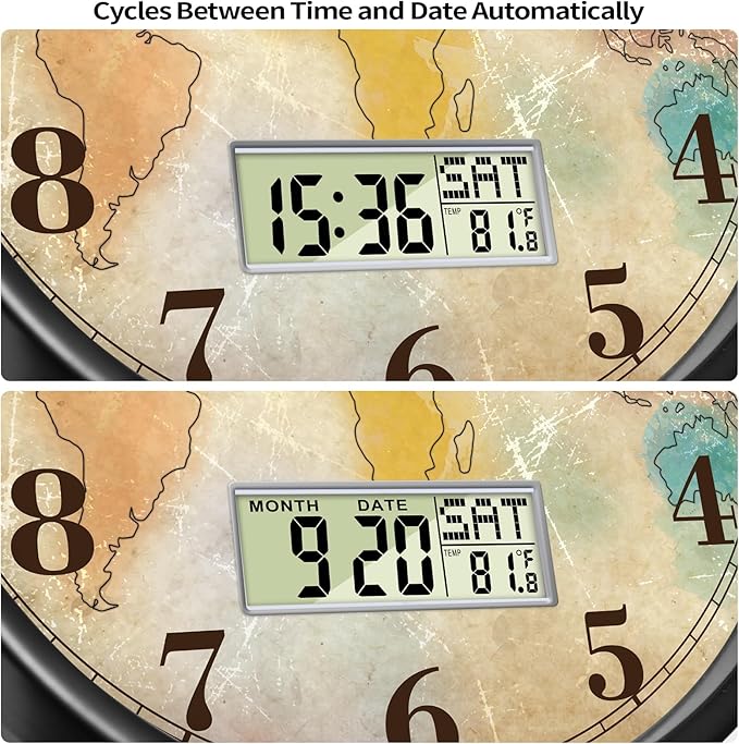 Modern Round Retro Digital and Analog Wall Clock Silent Calendar Colorful World